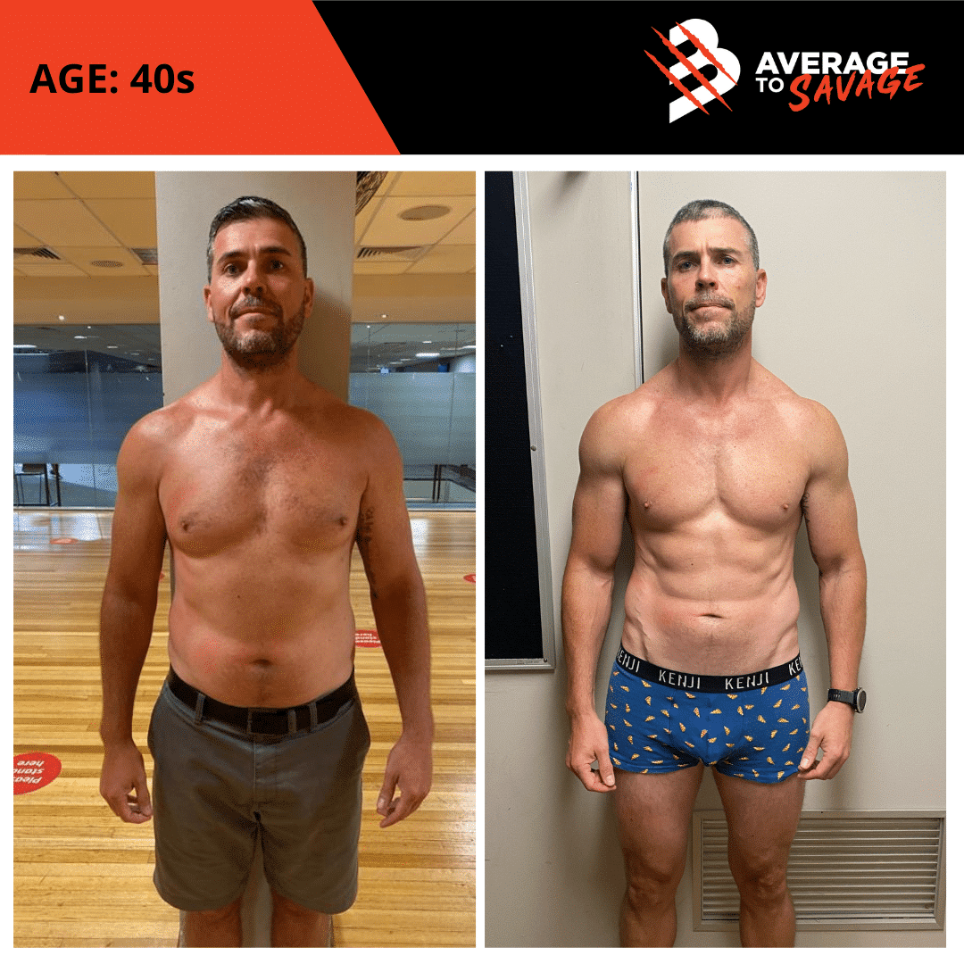 Body transformation picture of personal training client Eitenne's front. Eiteene was trained by personal trainer Rhys Brooks at Fitness First, Bond st Sydney