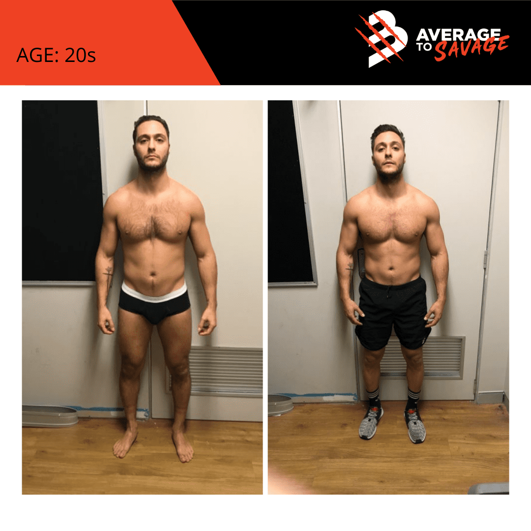 Body transformation picture of personal training client Jordan's front. Jordan was trained by personal trainer Rhys Brooks at Fitness First, Bond St Sydney