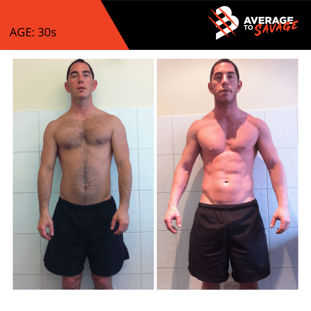 Body transformation picture of personal training client Guy's front. Guy was trained by personal trainer Rhys Brooks at Fitness First, Bond st Sydney