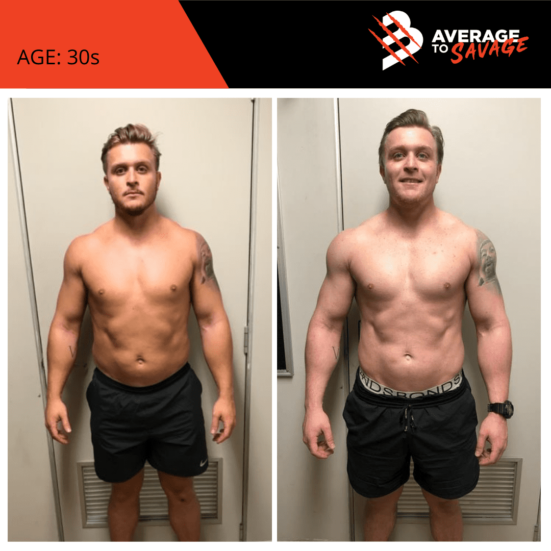 Body transformation picture of personal training client 'sordans front. Jordan was trained by personal trainer Rhys Brooks at Fitness First, Bond St Sydney