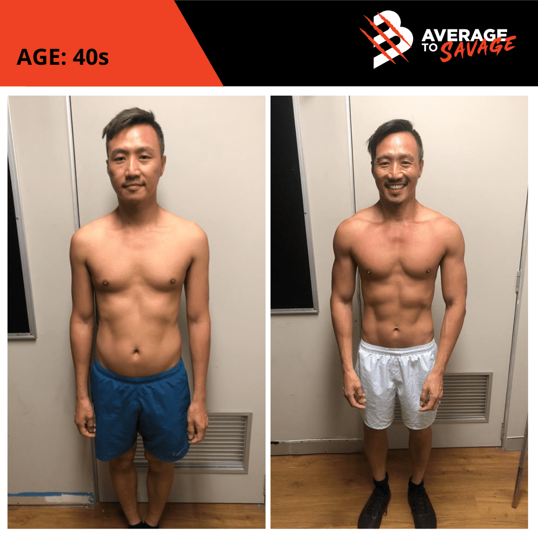 Body transformation picture of personal training client Adrian's front. Adrian was trained by personal trainer Rhys Brooks at Fitness First, Bond St Sydney