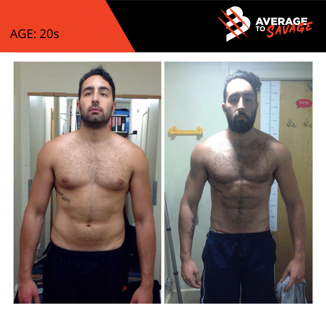 Body transformation picture of personal training client Giuseppe's front. Giuseppe was trained by personal trainer Rhys Brooks at Fitness First, Bond St Sydney