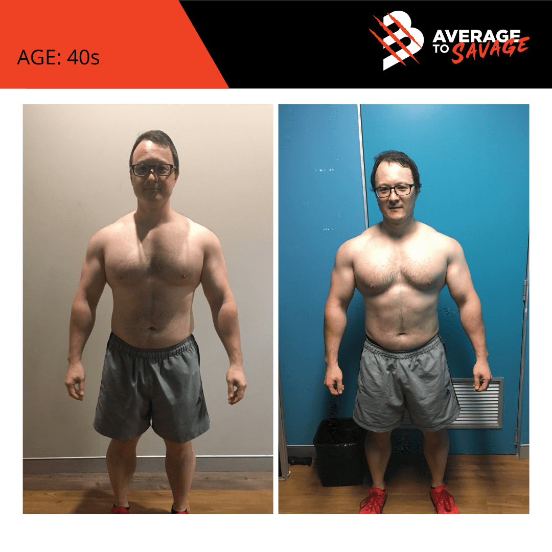Body transformation picture of personal training client Geoff's front. Geoff was trained by personal trainer Rhys Brooks at Fitness First, Bond St Sydney