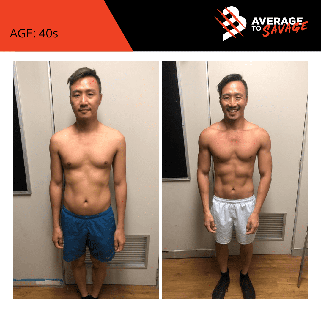 Body transformation picture of personal training client Adrian's front. Adrian was trained by personal trainer Rhys Brooks at Fitness First, Bond St Sydney