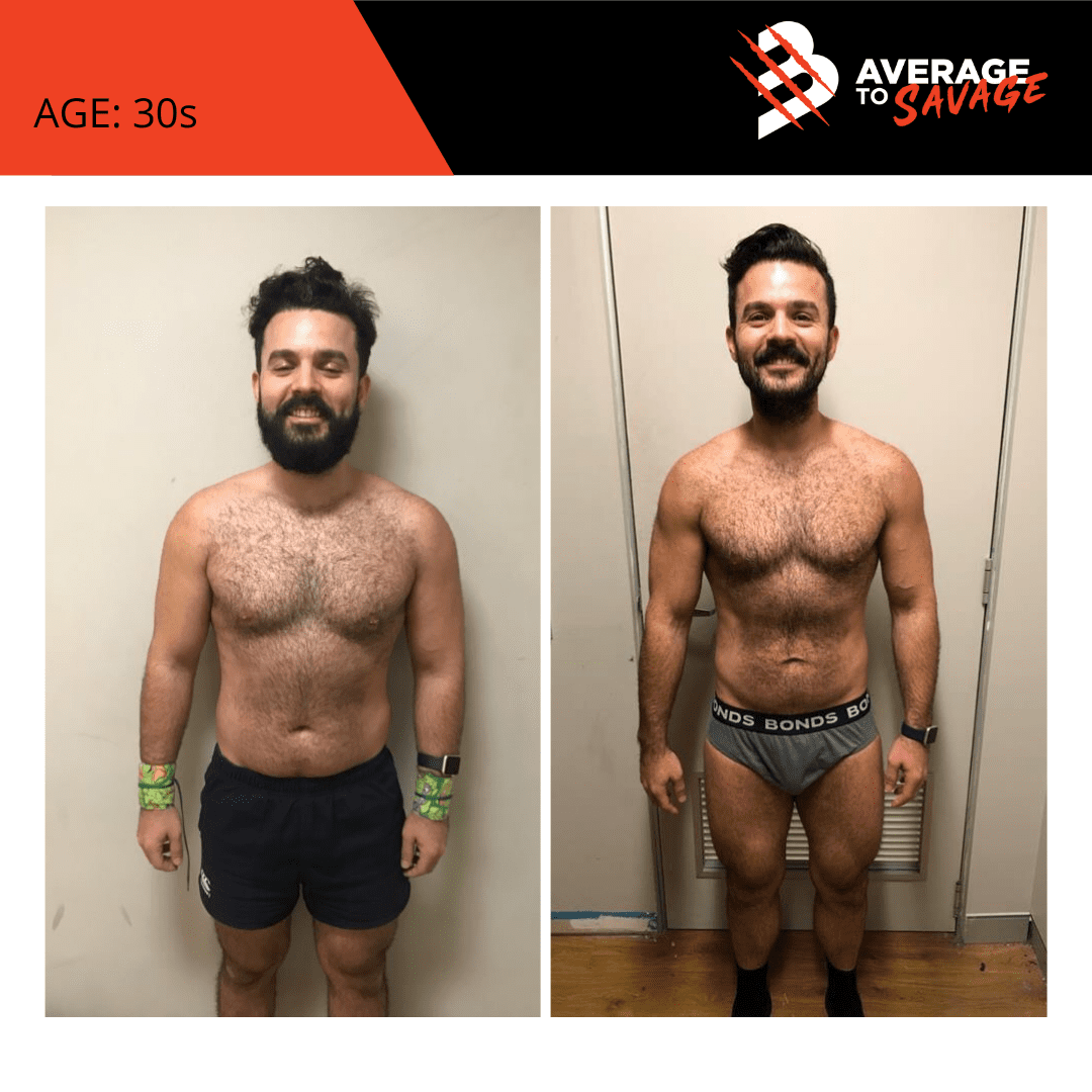 Body transformation picture of personal training client Teto's front. Teto was trained by personal trainer Rhys Brooks at Fitness First, Bond St Sydney