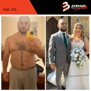 Body transformation picture of client Evin at his wedding. Evin was trained by personal trainer Rhys Brooks